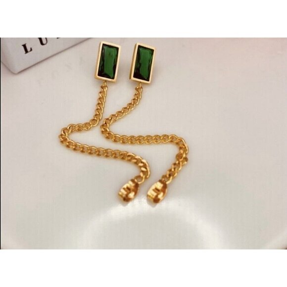 Gold Plated Tassel Emerald Green Earrings Stainless Steel Chain womens jewelry - Picture 8 of 11